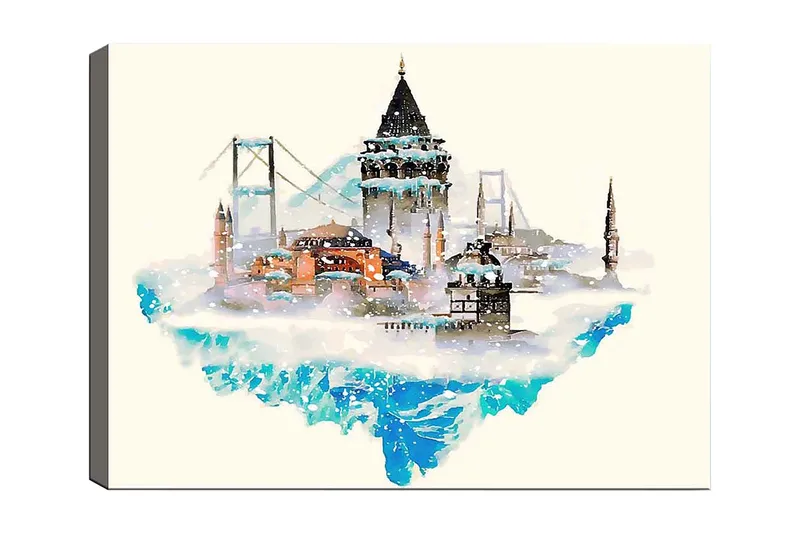 Lærred 70x100 cm - Smuk byskyline med historiske bygninger og broer, omgivet af sne og is, Blå / Orange / Grå