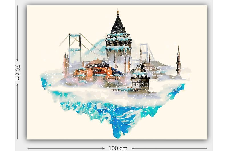 Lærred 70x100 cm - Smuk byskyline med historiske bygninger og broer, omgivet af sne og is - Blå / Orange / Grå - Boligtilbehør - Billeder & kunst - Billeder på lærred