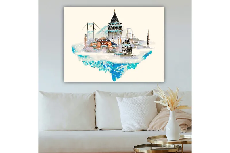 Lærred 70x100 cm - Smuk byskyline med historiske bygninger og broer, omgivet af sne og is - Blå / Orange / Grå - Boligtilbehør - Billeder & kunst - Billeder på lærred