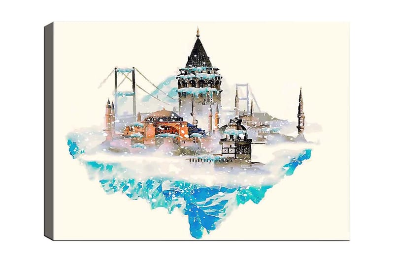 Lærred 70x100 cm - Smuk byskyline med historiske bygninger og broer, omgivet af sne og is, Blå / Orange / Grå