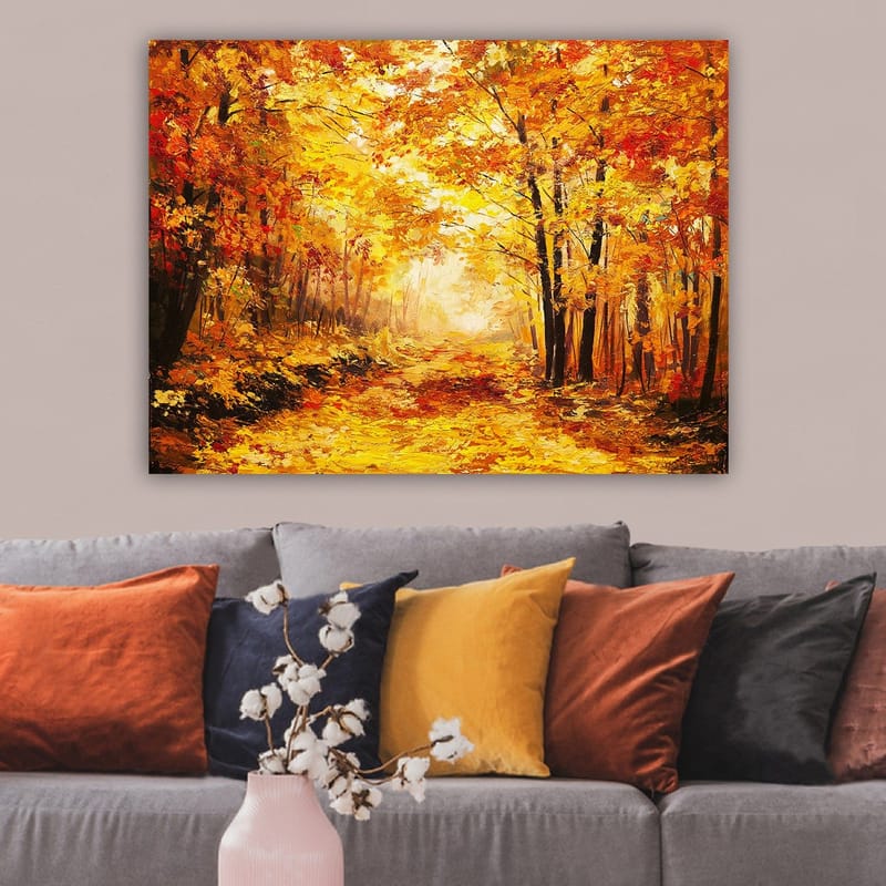 Lærred 70x100 cm - Smuk efterårsskov med gyldne og orange blade, der skaber en varm og indbydende atmosfære - Guld / Orange / Rød - Boligtilbehør - Billeder & kunst - Billeder på lærred
