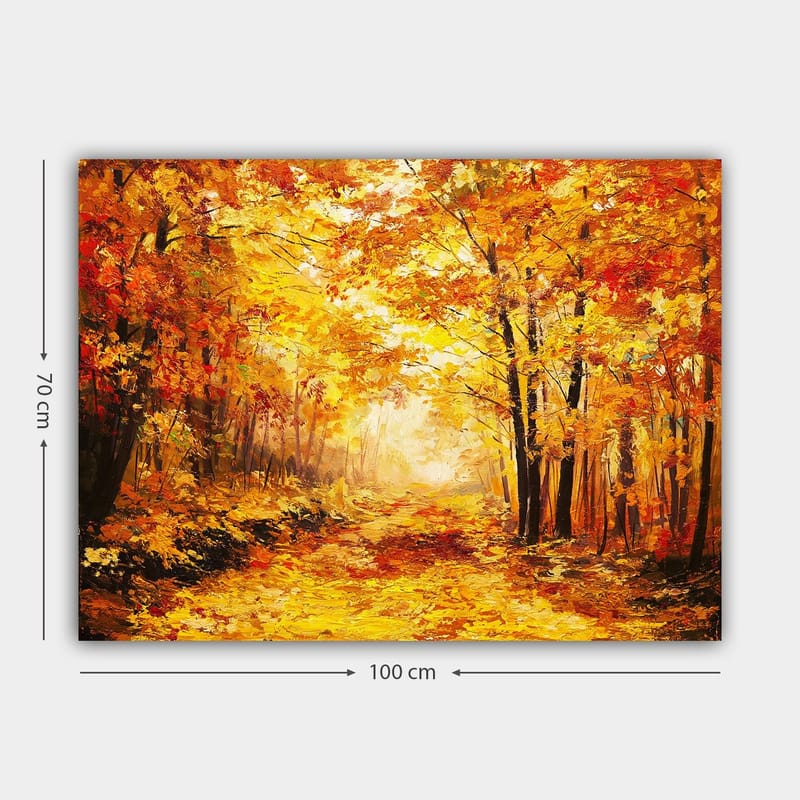 Lærred 70x100 cm - Smuk efterårsskov med gyldne og orange blade, der skaber en varm og indbydende atmosfære - Guld / Orange / Rød - Boligtilbehør - Billeder & kunst - Billeder på lærred