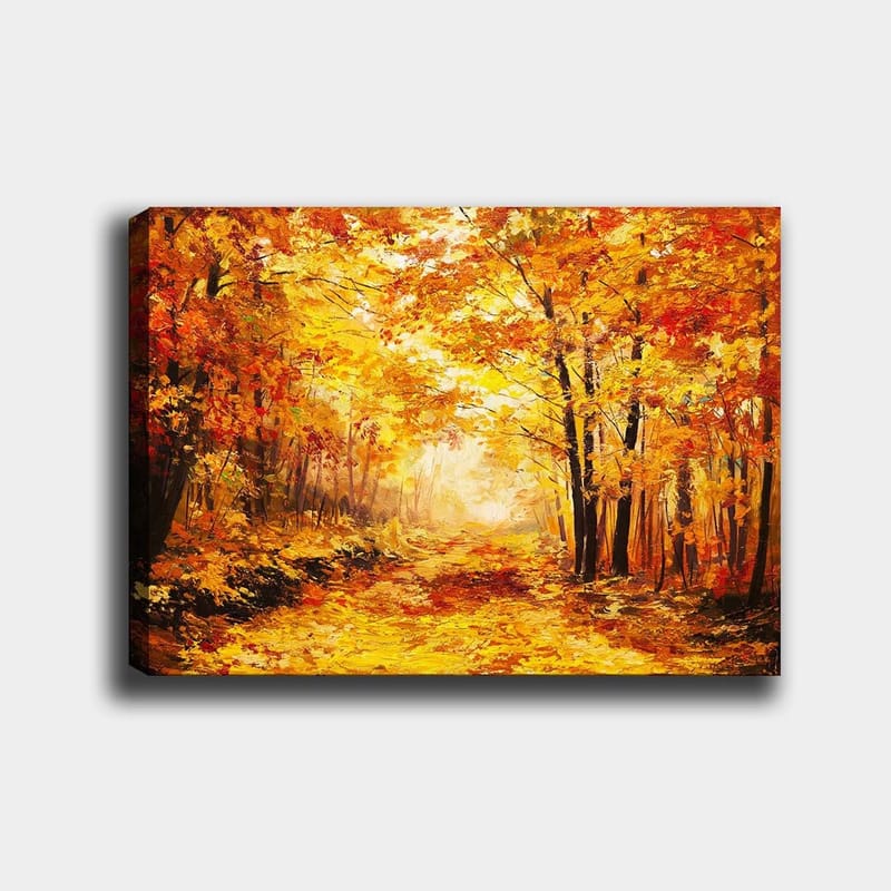 Lærred 70x100 cm - Smuk efterårsskov med gyldne og orange blade, der skaber en varm og indbydende atmosfære, Guld / Orange / Rød