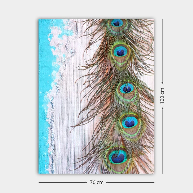 Lærred 70x100 cm - Smuk fjer fra en påfugl med intense farver og detaljer - Grøn / Blå / Brun - Boligtilbehør - Billeder & kunst - Billeder på lærred