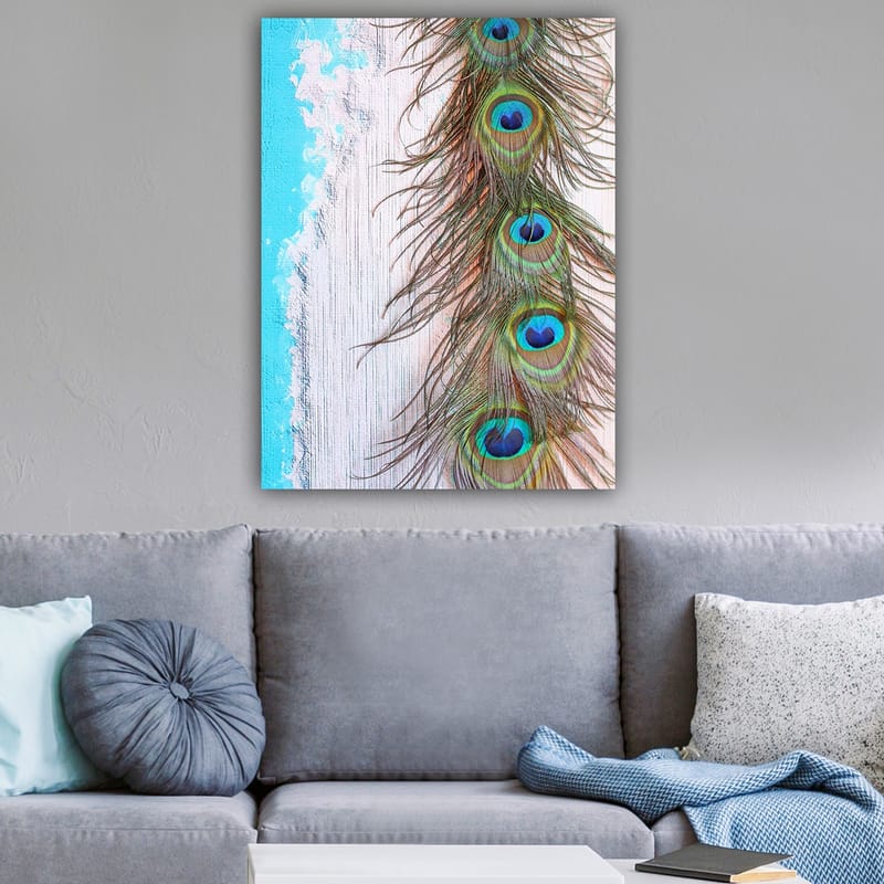 Lærred 70x100 cm - Smuk fjer fra en påfugl med intense farver og detaljer - Grøn / Blå / Brun - Boligtilbehør - Billeder & kunst - Billeder på lærred