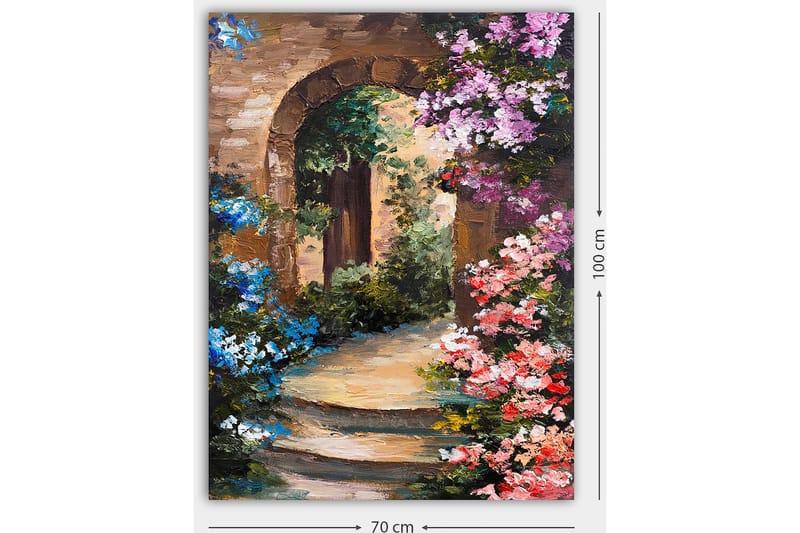 Lærred 70x100 cm - Smuk gyde med blomster omkring en stenbue - Lyseblå / Pink / Grøn - Boligtilbehør - Billeder & kunst - Billeder på lærred
