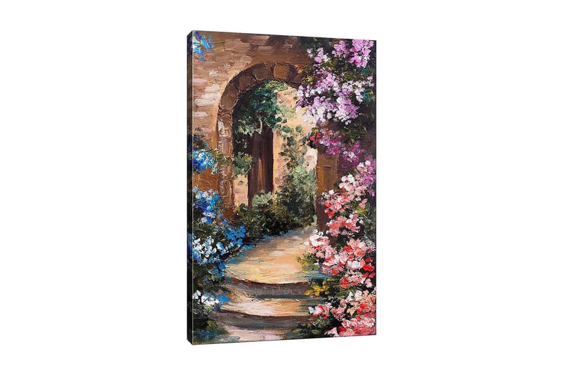 Lærred 70x100 cm - Smuk gyde med blomster omkring en stenbue, Lyseblå / Pink / Grøn