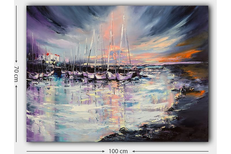 Lærred 70x100 cm - Smuk havn med sejlbåde spejlet i vandet under en farverig solnedgang - Lilla / Blå / Orange - Boligtilbehør - Billeder & kunst - Billeder på lærred