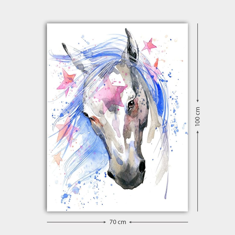 Lærred 70x100 cm - Smuk hest med en flagrende blå man og lyserøde stjerner, der fremhæver motivet - Blå / Grå / Lyserød - Boligtilbehør - Billeder & kunst - Billeder på lærred