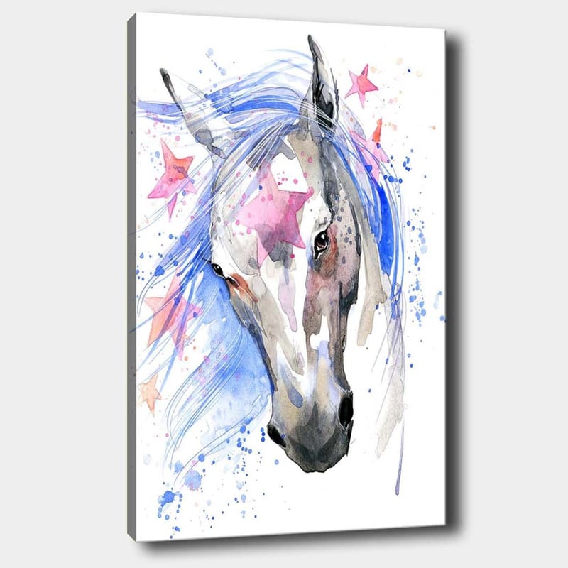 Lærred 70x100 cm - Smuk hest med en flagrende blå man og lyserøde stjerner, der fremhæver motivet - Blå / Grå / Lyserød - Boligtilbehør - Billeder & kunst - Billeder på lærred
