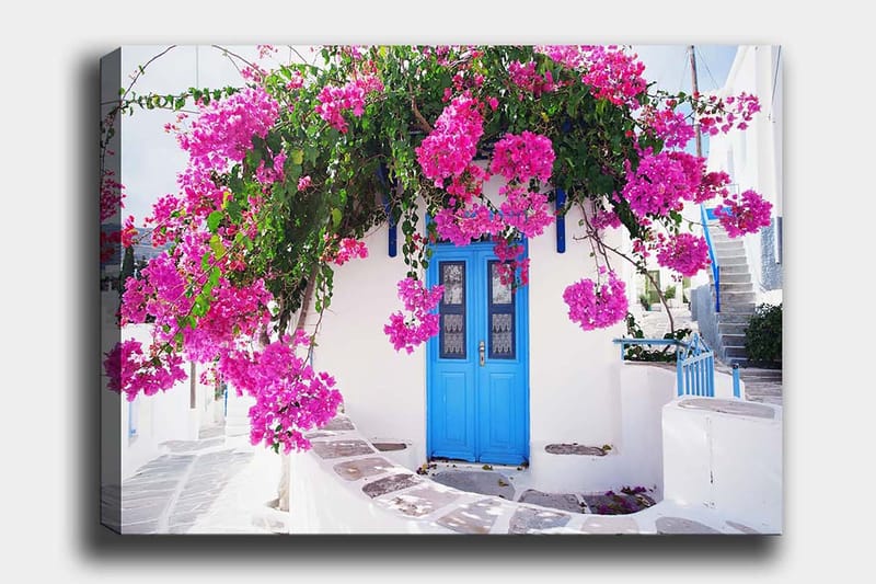 Lærred 70x100 cm - Smuk hvid bygning med en blå dør omgivet af lilla blomster - Lilla / Blå / Grøn - Boligtilbehør - Billeder & kunst - Billeder på lærred
