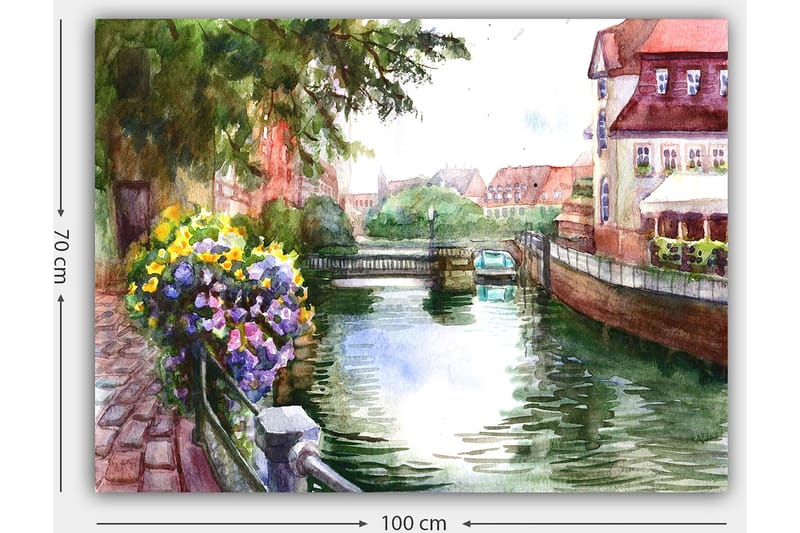 Lærred 70x100 cm - Smuk kanal med blomster i forgrunden og maleriske bygninger i baggrunden - Grøn / Blå / Lilla - Boligtilbehør - Billeder & kunst - Billeder på lærred