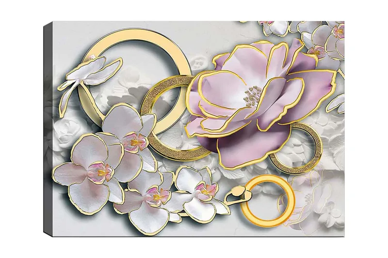 Lærred 70x100 cm - Smuk komposition af blomster og ringe i et elegant design, Lys pink / Hvid / Guld