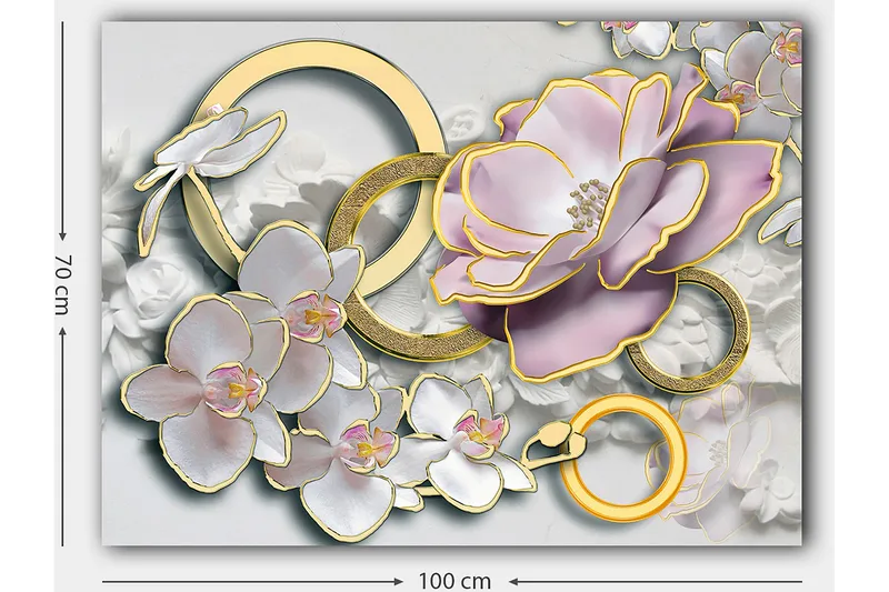 Lærred 70x100 cm - Smuk komposition af blomster og ringe i et elegant design - Lys pink / Hvid / Guld - Boligtilbehør - Billeder & kunst - Billeder på lærred
