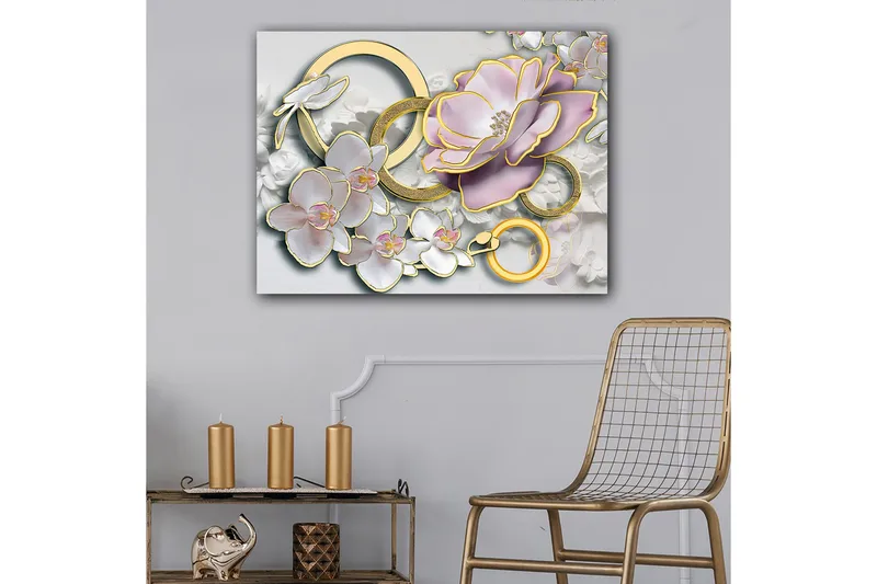 Lærred 70x100 cm - Smuk komposition af blomster og ringe i et elegant design - Lys pink / Hvid / Guld - Boligtilbehør - Billeder & kunst - Billeder på lærred