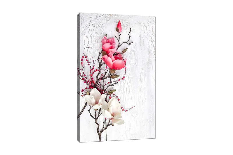 Lærred 70x100 cm - Smuk komposition af magnoliablomster i pink og hvid på en diskret baggrund - Lyserød / Hvid / Grøn - Boligtilbehør - Billeder & kunst - Billeder på lærred