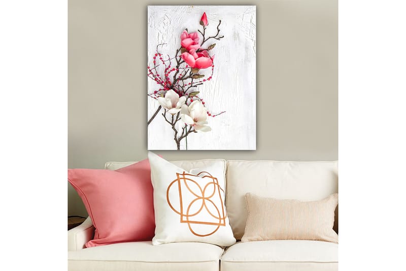 Lærred 70x100 cm - Smuk komposition af magnoliablomster i pink og hvid på en diskret baggrund - Lyserød / Hvid / Grøn - Boligtilbehør - Billeder & kunst - Billeder på lærred