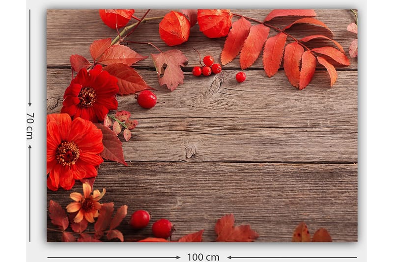 Lærred 70x100 cm - Smuk komposition af røde blomster og efterårsblade mod en træbaggrund - Rød / Orange / Brun - Boligtilbehør - Billeder & kunst - Billeder på lærred