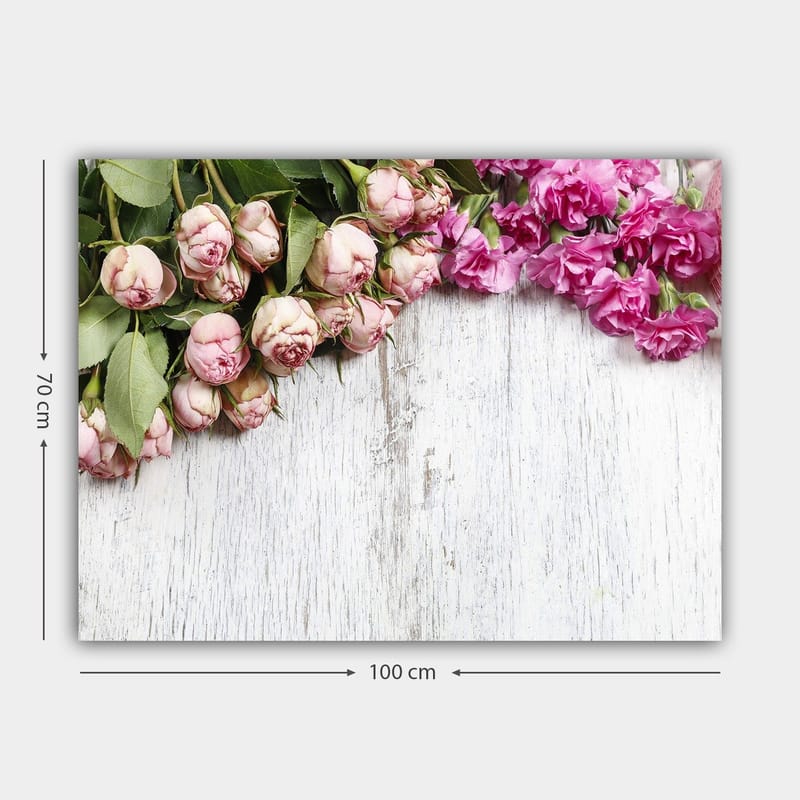 Lærred 70x100 cm - Smuk komposition af roser og nelliker i bløde lyserøde nuancer - Lys pink / Mørk pink / Grøn - Boligtilbehør - Billeder & kunst - Billeder på lærred