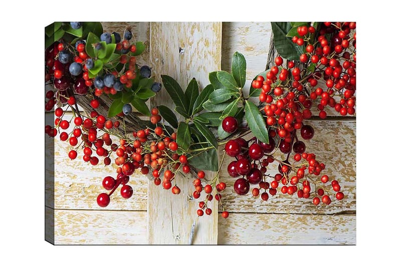Lærred 70x100 cm - Smuk krans af bær og grønne blade, der skaber en festlig atmosfære, Rød / Grøn / Blå
