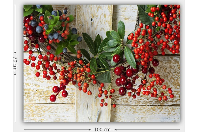 Lærred 70x100 cm - Smuk krans af bær og grønne blade, der skaber en festlig atmosfære - Rød / Grøn / Blå - Boligtilbehør - Billeder & kunst - Billeder på lærred