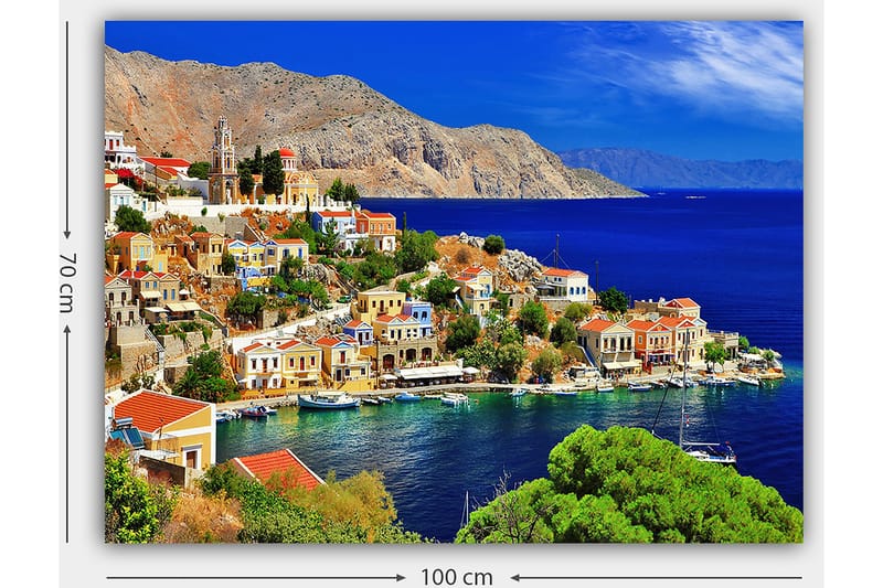 Lærred 70x100 cm - Smuk kystby med farverige huse ved havet og de omkringliggende bjerge - Blå / Grøn / Orange - Boligtilbehør - Billeder & kunst - Billeder på lærred