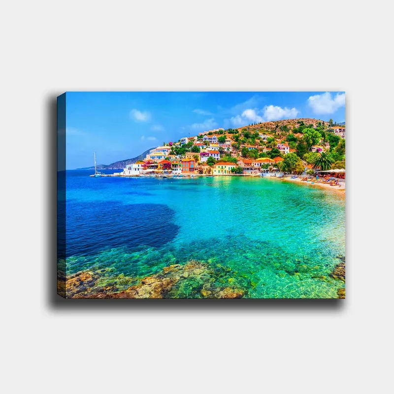 Lærred 70x100 cm - Smuk kystlinje med farverige huse ved havet og en klar blå himmel, Turkis / Blå / Grøn