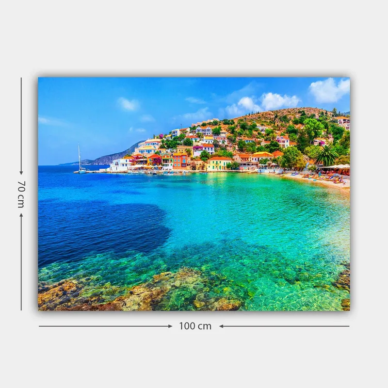 Lærred 70x100 cm - Smuk kystlinje med farverige huse ved havet og en klar blå himmel - Turkis / Blå / Grøn - Boligtilbehør - Billeder & kunst - Billeder på lærred