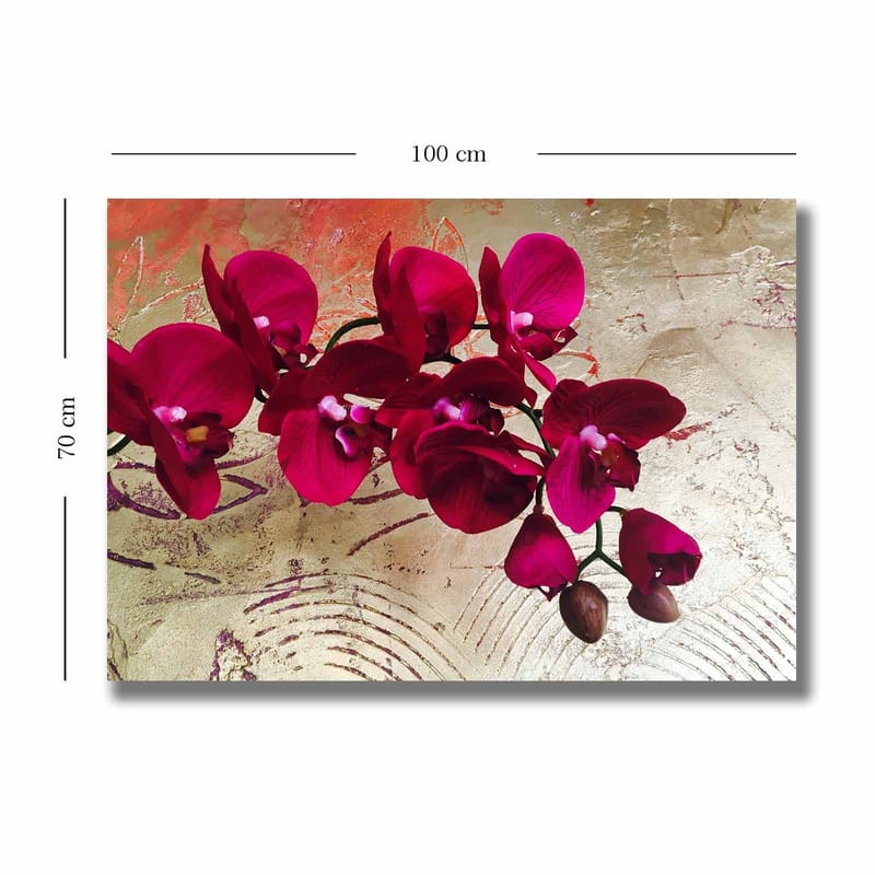 Lærred 70x100 cm - Smuk orkidé med dyb lyserøde blomster mod en gylden baggrund - Mørk pink / Guld - Boligtilbehør - Billeder & kunst - Billeder på lærred