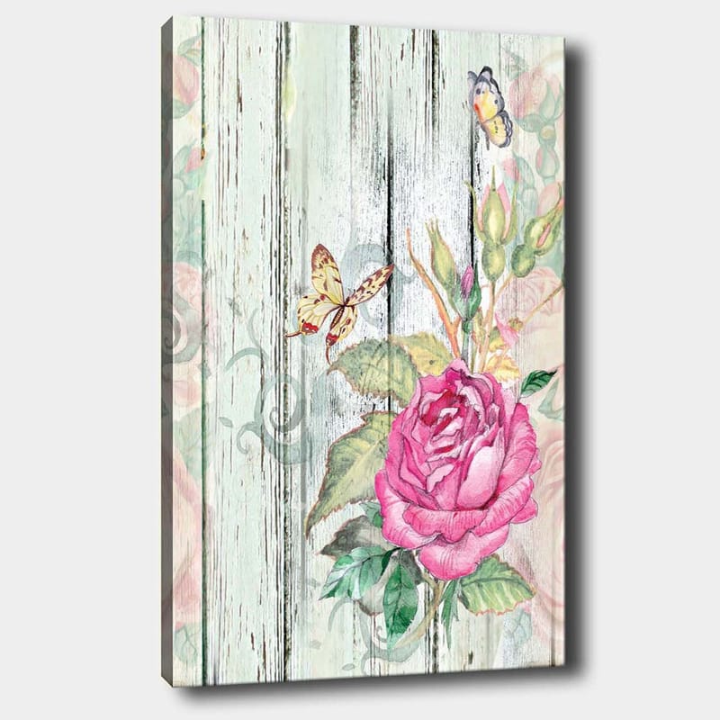 Lærred 70x100 cm - Smuk rose omgivet af sommerfugle og grønne blade, Lyserød / Grøn / Gul