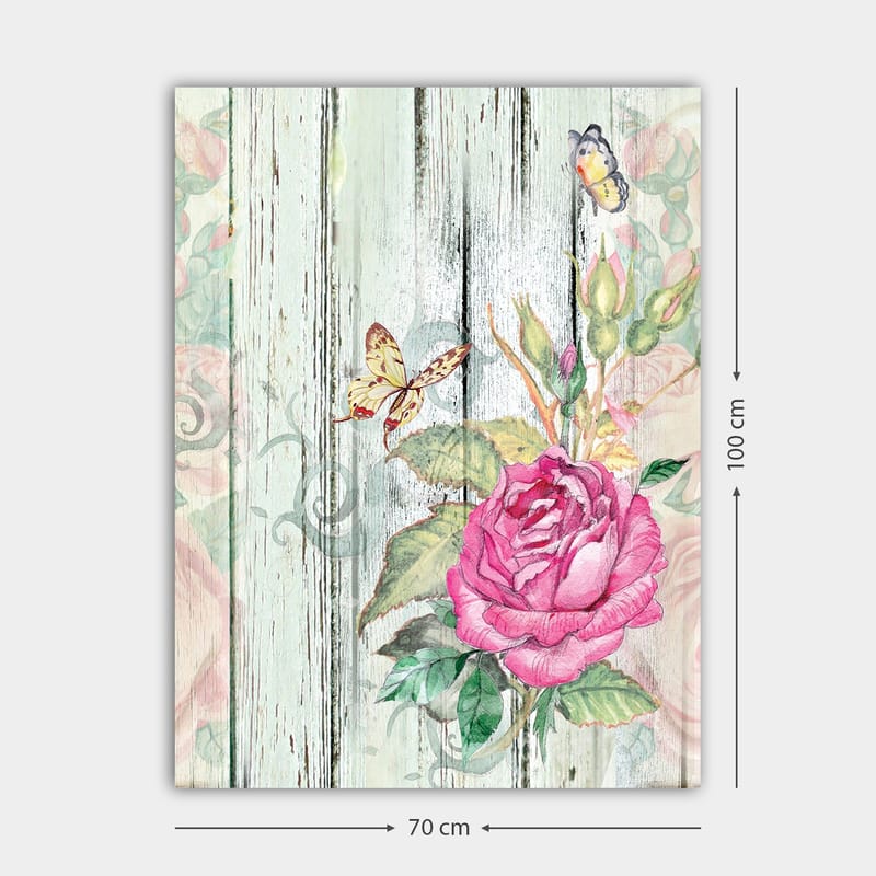 Lærred 70x100 cm - Smuk rose omgivet af sommerfugle og grønne blade - Lyserød / Grøn / Gul - Boligtilbehør - Billeder & kunst - Billeder på lærred