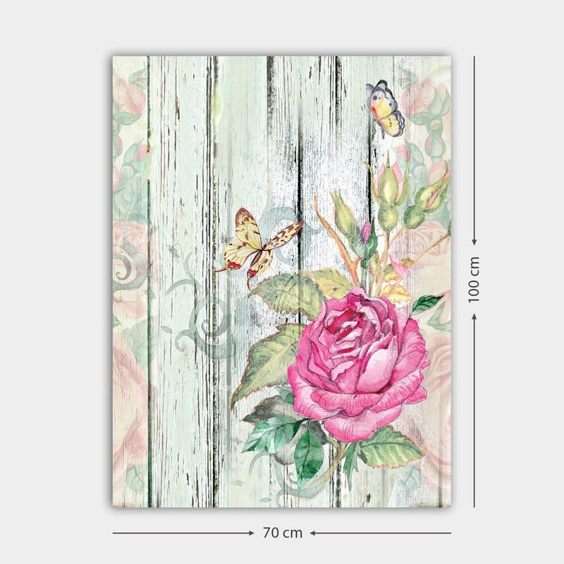 Lærred 70x100 cm - Smuk rose omgivet af sommerfugle og grønne blade - Lyserød / Grøn / Gul - Boligtilbehør - Billeder & kunst - Billeder på lærred
