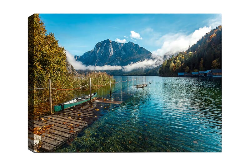 Lærred 70x100 cm - Smuk sø med en mole, omgivet af majestætiske bjerge og efterårsfarvede træer, Blå / Grøn / Gul