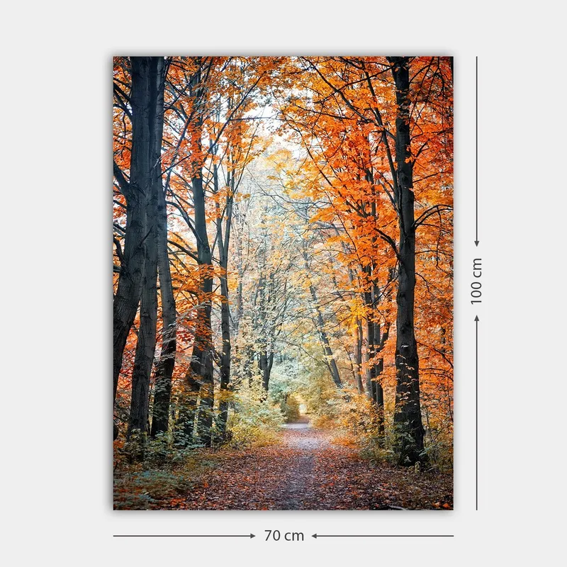 Lærred 70x100 cm - Smuk skovsti omgivet af efterårsfarver og træer med gyldne og orange blade - Orange / Guld / Grøn - Boligtilbehør - Billeder & kunst - Billeder på lærred