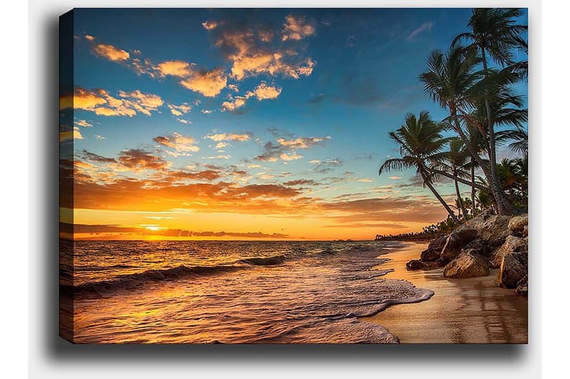 Lærred 70x100 cm - Smuk solnedgang på en strand med palmer og bløde bølger, der ruller ned over sandet - Orange / Blå / Beige - Boligtilbehør - Billeder & kunst - Billeder på lærred