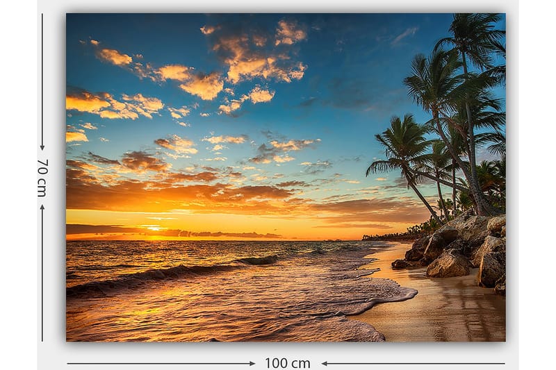 Lærred 70x100 cm - Smuk solnedgang på en strand med palmer og bløde bølger, der ruller ned over sandet - Orange / Blå / Beige - Boligtilbehør - Billeder & kunst - Billeder på lærred