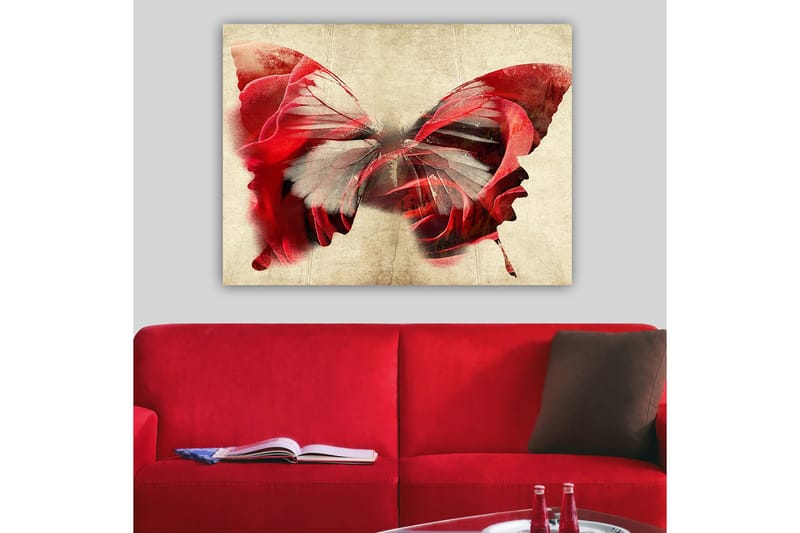 Lærred 70x100 cm - Smuk sommerfugl bestående af roser, der skaber en harmonisk og drømmeagtig følelse - Rød / Grå - Boligtilbehør - Billeder & kunst - Billeder på lærred