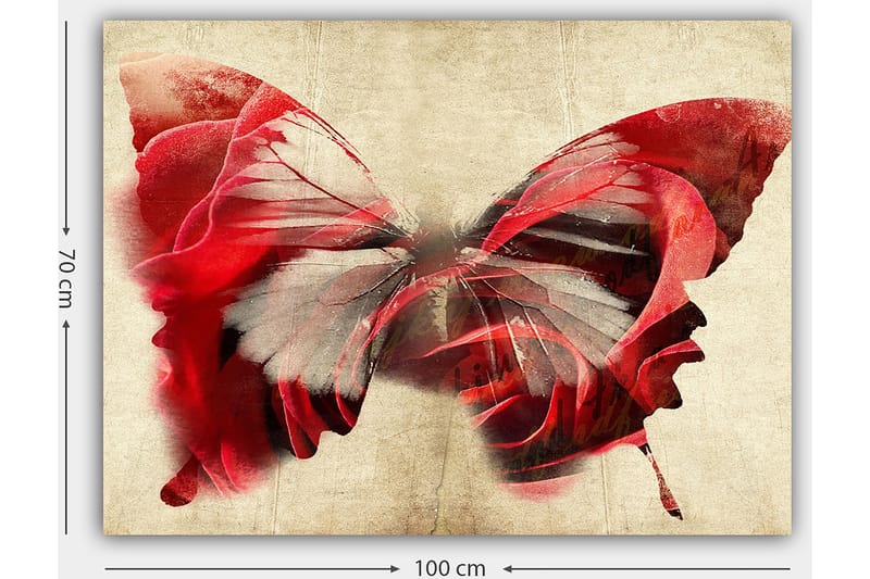 Lærred 70x100 cm - Smuk sommerfugl bestående af roser, der skaber en harmonisk og drømmeagtig følelse - Rød / Grå - Boligtilbehør - Billeder & kunst - Billeder på lærred
