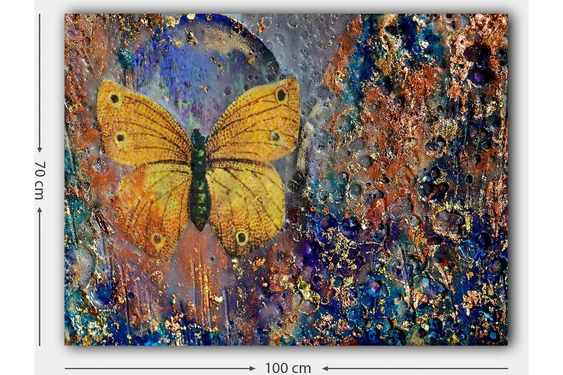 Lærred 70x100 cm - Smuk sommerfugl i gul svævende over en abstrakt baggrund med farverige detaljer - Gul / Blå / Brun - Boligtilbehør - Billeder & kunst - Billeder på lærred