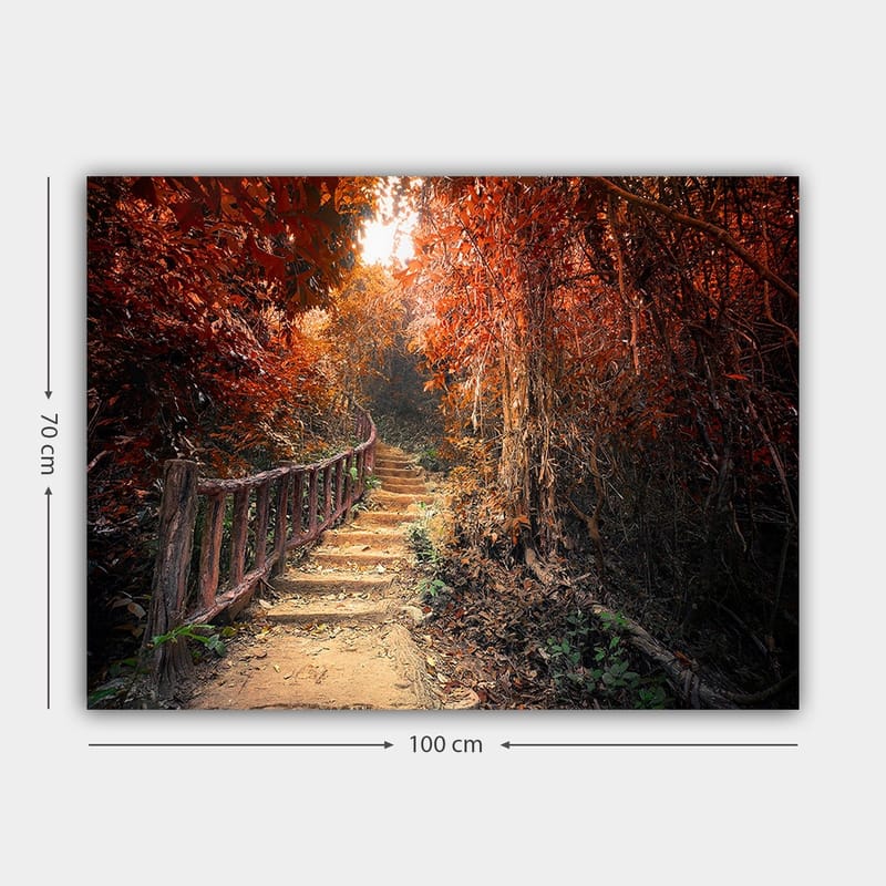 Lærred 70x100 cm - Smuk sti omgivet af efterårsfarver i et skovmiljø - Rød / Orange / Brun - Boligtilbehør - Billeder & kunst - Billeder på lærred