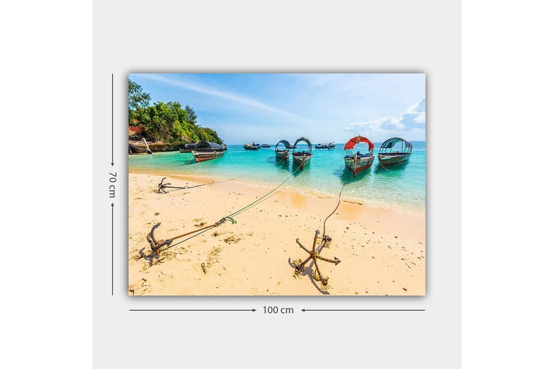 Lærred 70x100 cm - Smuk strandscene med adskillige farverige både fortøjet ved en sandstrand - Turkis / Beige / Rød - Boligtilbehør - Billeder & kunst - Billeder på lærred