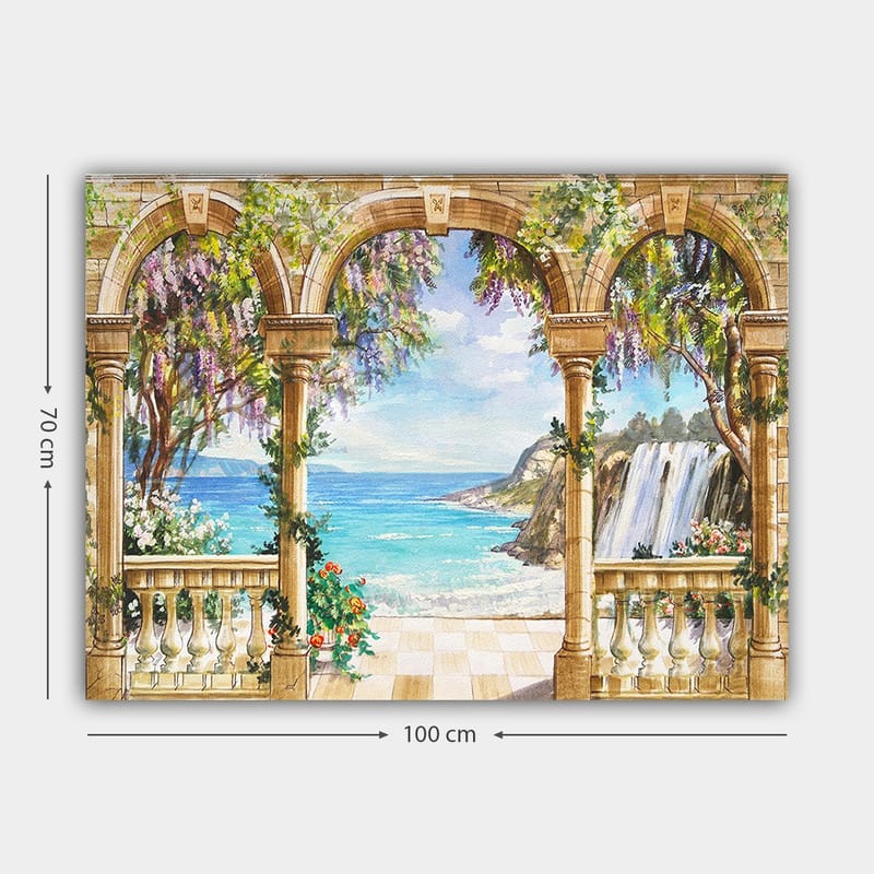 Lærred 70x100 cm - Smuk udsigt gennem en arkade med hav, vandfald og frodig vegetation - Blå / Grøn / Beige - Boligtilbehør - Billeder & kunst - Billeder på lærred