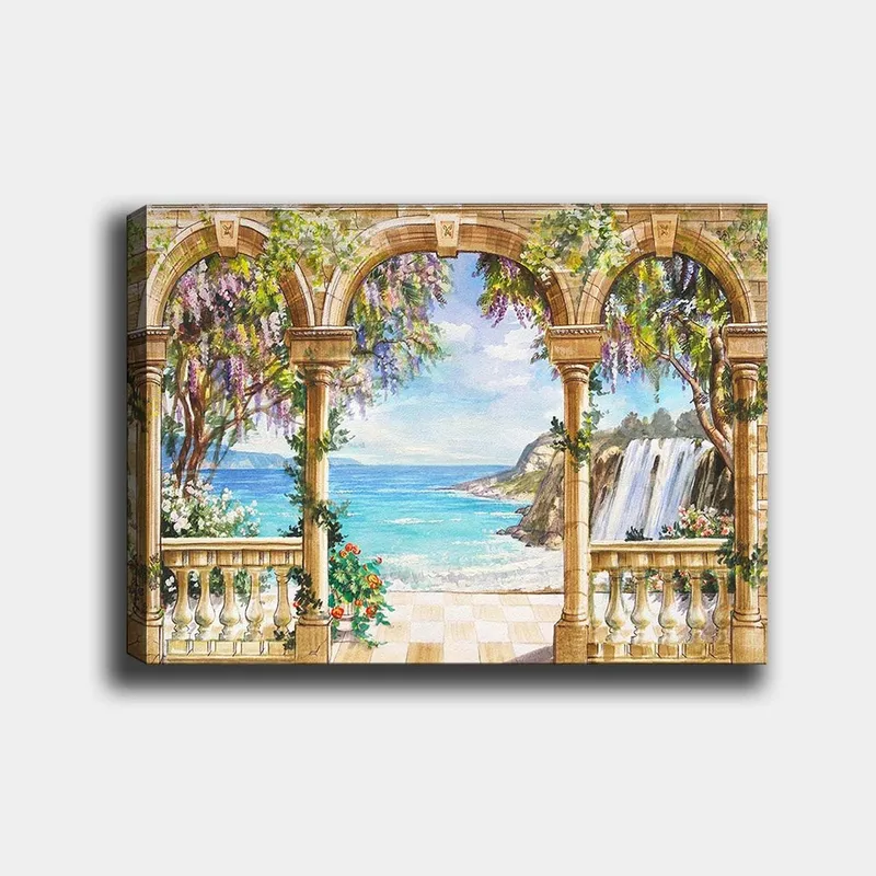 Lærred 70x100 cm - Smuk udsigt gennem en arkade med hav, vandfald og frodig vegetation, Blå / Grøn / Beige