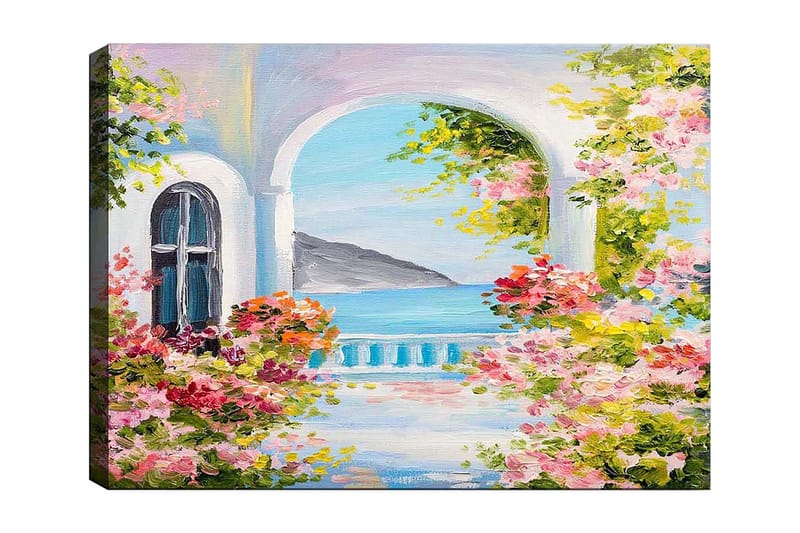 Lærred 70x100 cm - Smuk udsigt gennem en bue med blomster i forgrunden og havet i baggrunden, Lyserød / Blå / Grøn