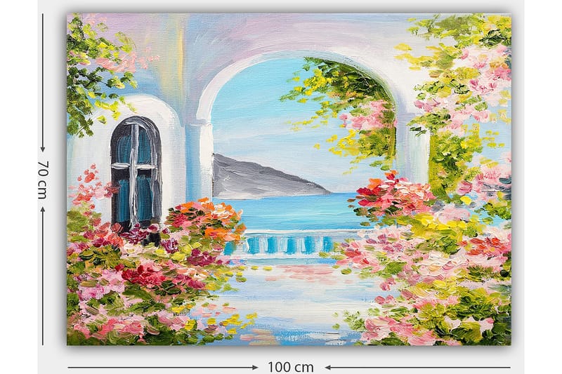 Lærred 70x100 cm - Smuk udsigt gennem en bue med blomster i forgrunden og havet i baggrunden - Lyserød / Blå / Grøn - Boligtilbehør - Billeder & kunst - Billeder på lærred