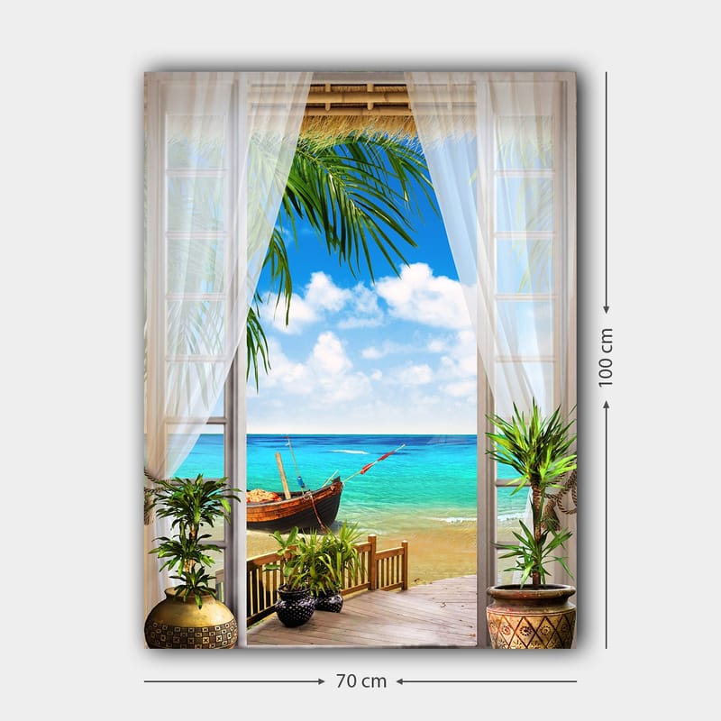 Lærred 70x100 cm - Smuk udsigt gennem et vindue med en strand, hav og en båd - Turkis / Blå / Grøn - Boligtilbehør - Billeder & kunst - Billeder på lærred