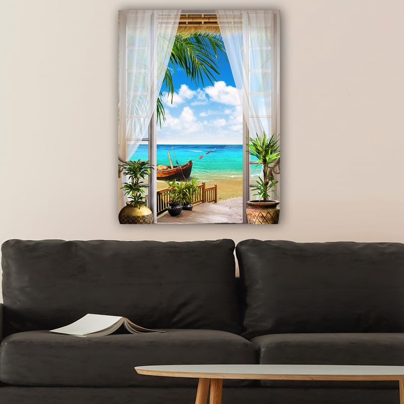 Lærred 70x100 cm - Smuk udsigt gennem et vindue med en strand, hav og en båd - Turkis / Blå / Grøn - Boligtilbehør - Billeder & kunst - Billeder på lærred