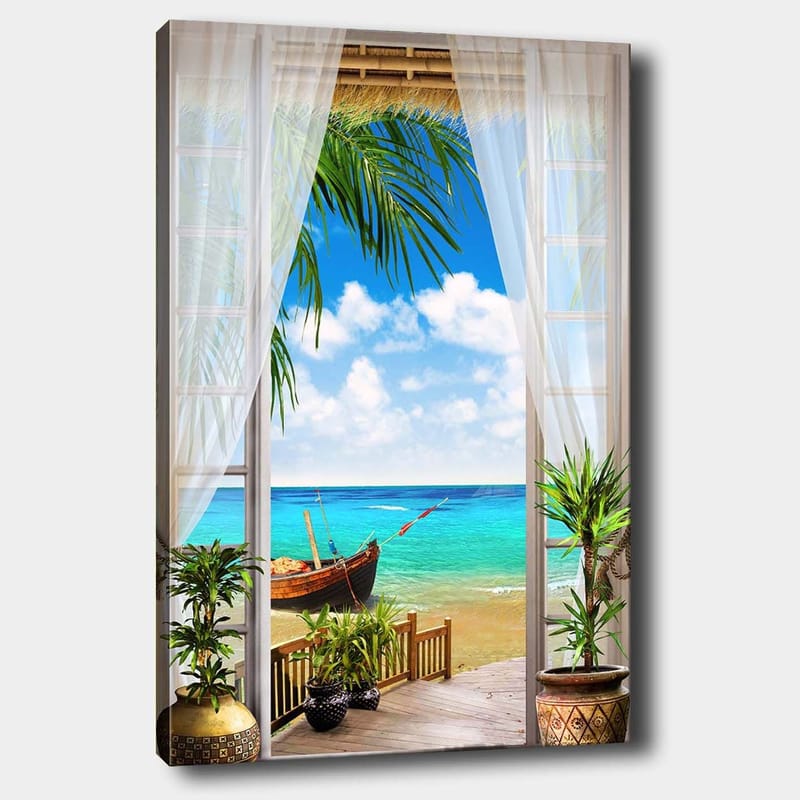 Lærred 70x100 cm - Smuk udsigt gennem et vindue med en strand, hav og en båd, Turkis / Blå / Grøn
