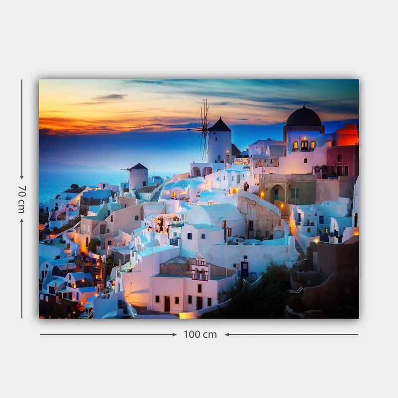 Lærred 70x100 cm - Smuk udsigt over de hvide huse i en græsk landsby ved solnedgang - Hvid / Blå / Orange - Boligtilbehør - Billeder & kunst - Billeder på lærred