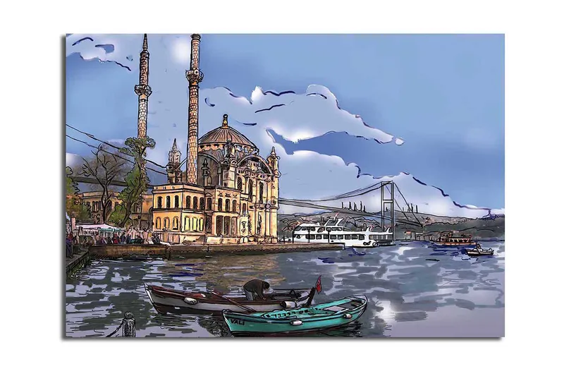 Lærred 70x100 cm - Smuk udsigt over en historisk bygning ved vandet med både i forgrunden og en bro i baggrunden, Blå / Beige / Grøn